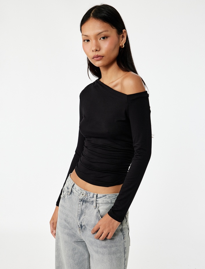  Slim Fit Omzu Açık Uzun Kollu Viskon Drapeli Tişört