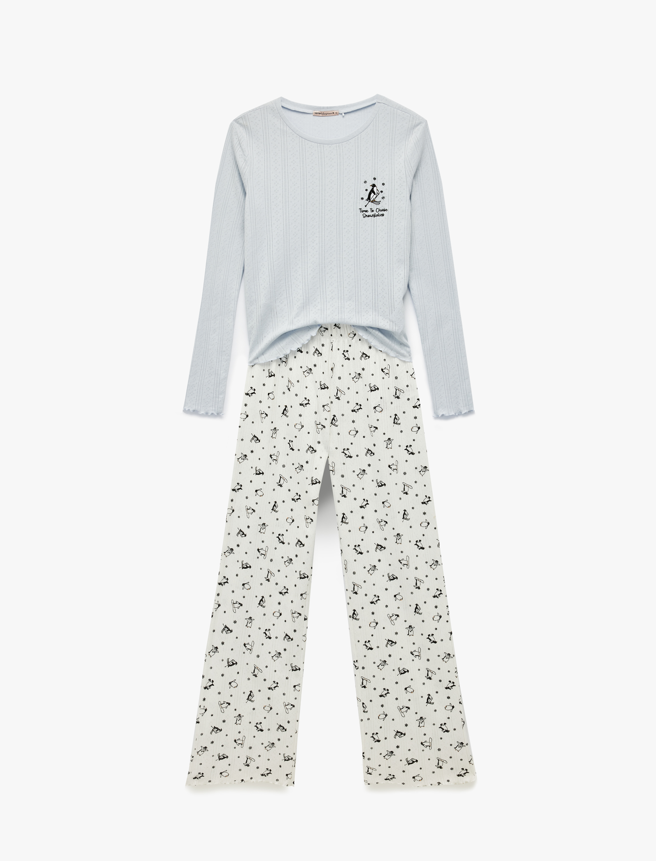   Pamuklu Uzun Kollu Bisiklet Yaka Penguen Baskılı Pijama Takımı