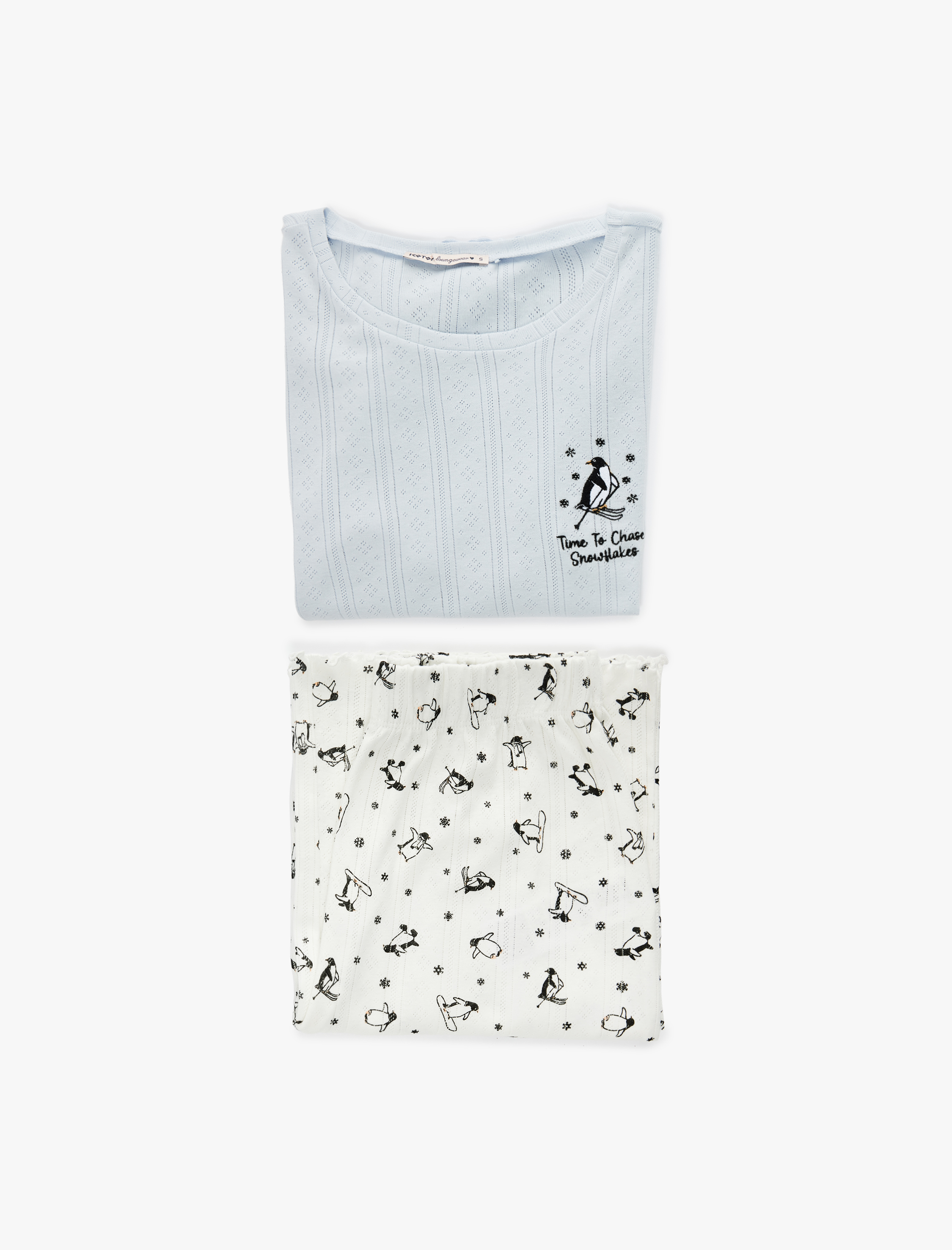   Pamuklu Uzun Kollu Bisiklet Yaka Penguen Baskılı Pijama Takımı