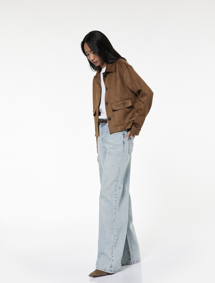  Düğmeli Cepli Rahat Kalıp Pamuklu Bol Paça Jean Pantolon - Loose Straight Fit Jean