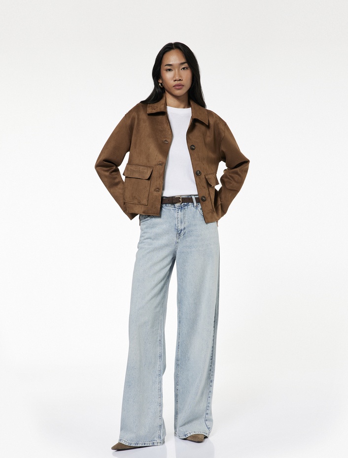  Düğmeli Cepli Rahat Kalıp Pamuklu Bol Paça Jean Pantolon - Loose Straight Fit Jean