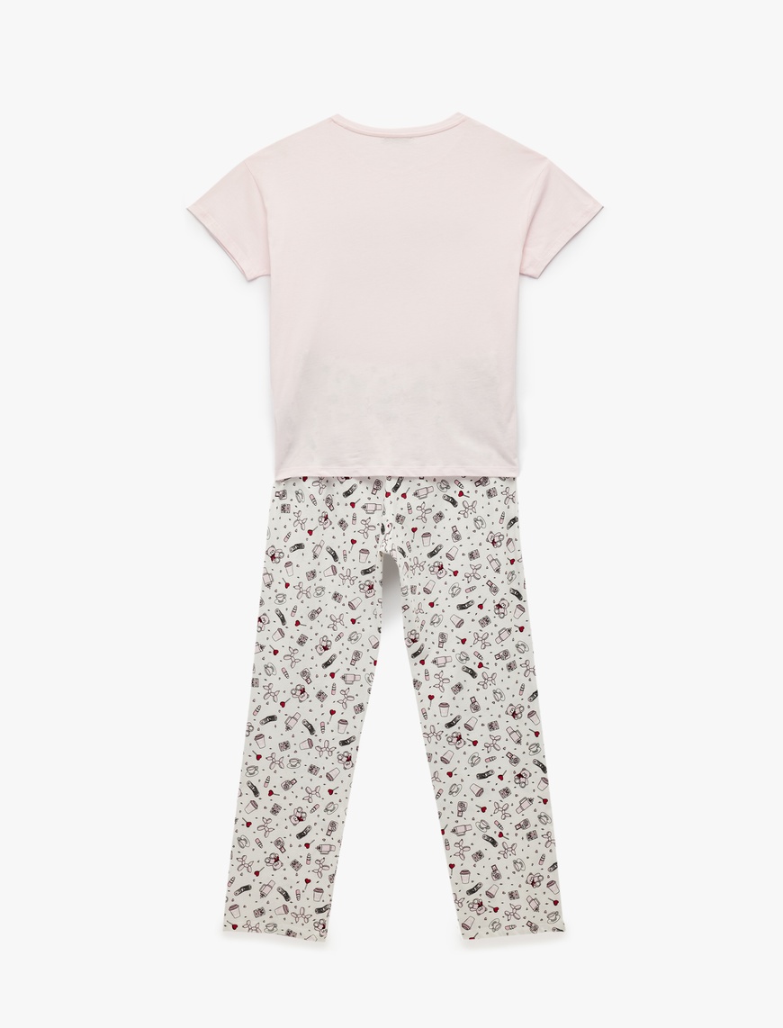   Pamuklu Kısa Kollu Bisiklet Yaka Baskılı Pijama Takımı