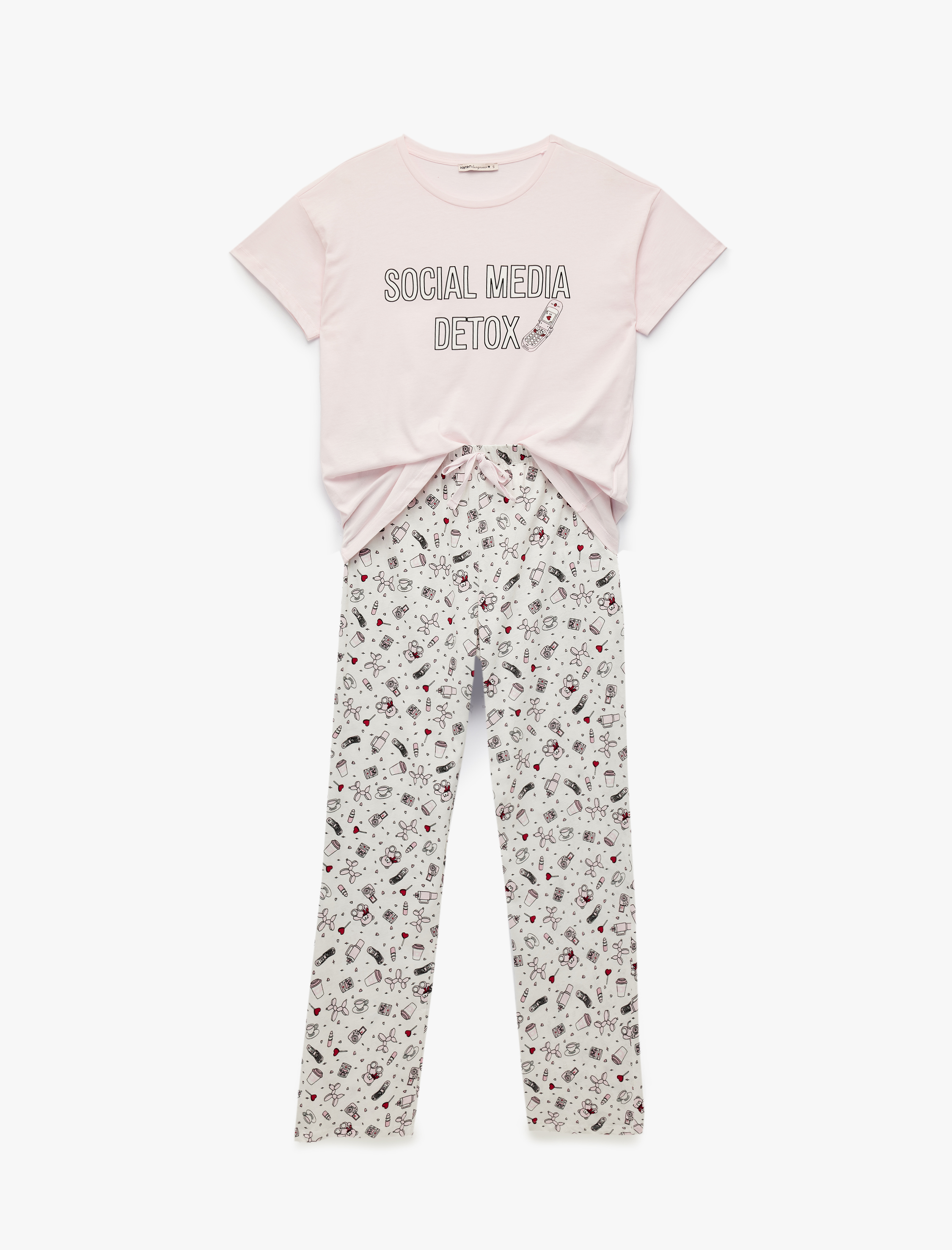   Pamuklu Kısa Kollu Bisiklet Yaka Baskılı Pijama Takımı