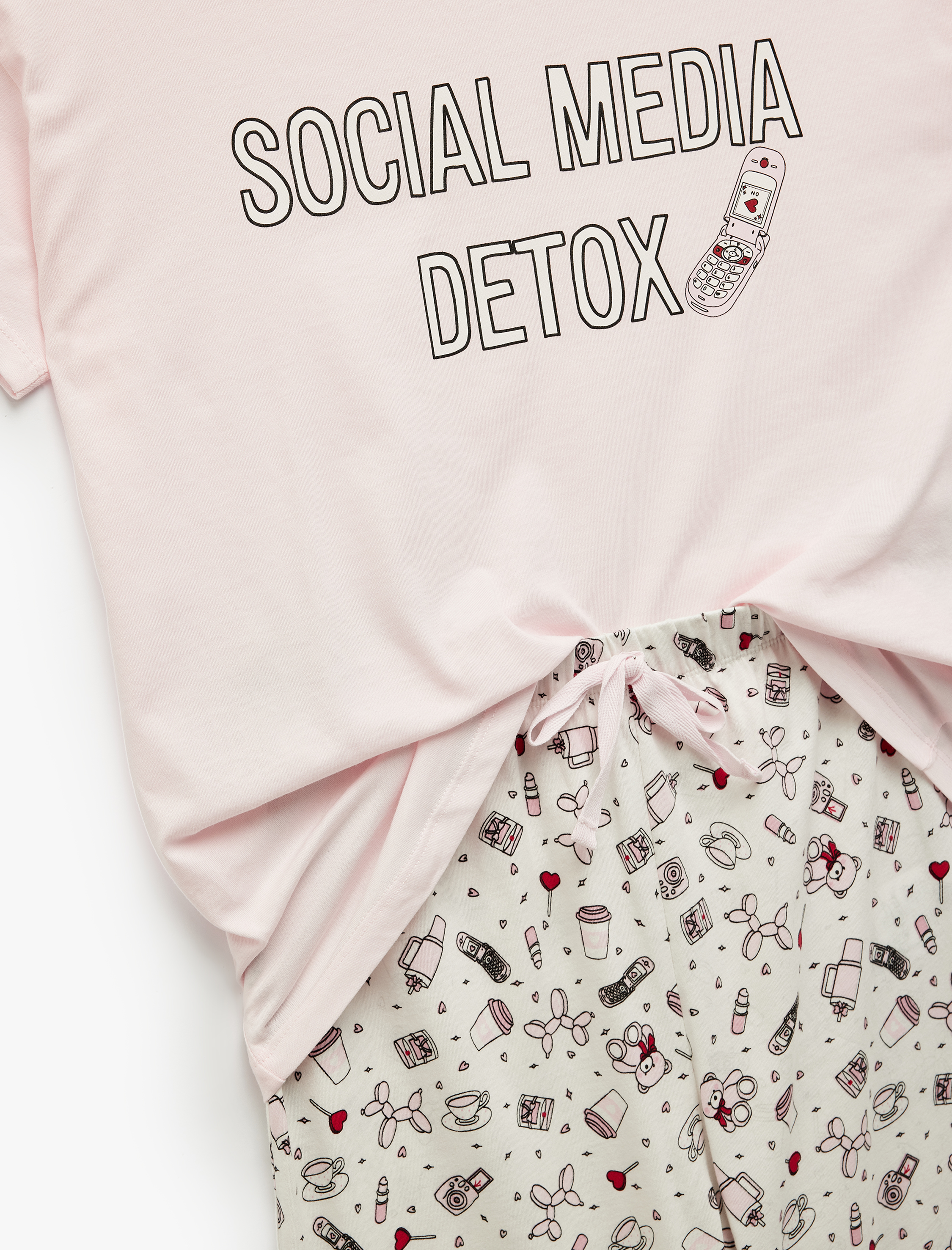   Pamuklu Kısa Kollu Bisiklet Yaka Baskılı Pijama Takımı