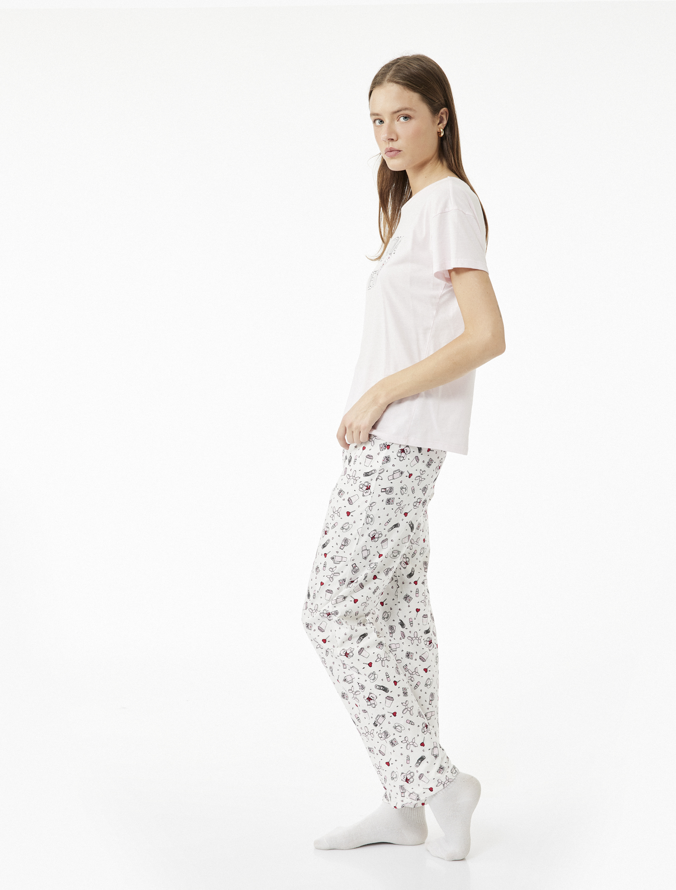   Pamuklu Kısa Kollu Bisiklet Yaka Baskılı Pijama Takımı