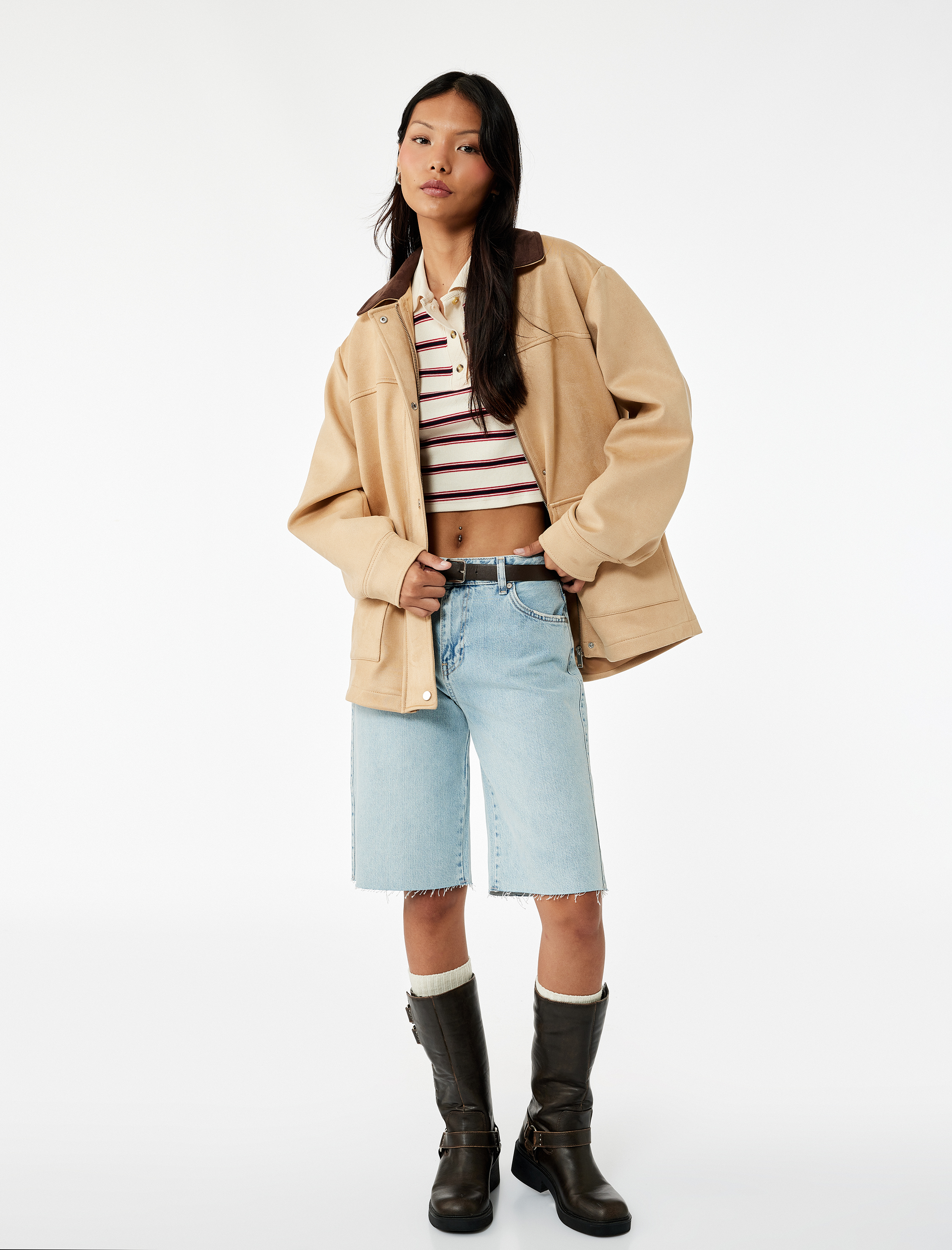   Klasik Yaka Süet Görünümlü Cep Detaylı Çıtçıt Düğmeli Oversize Ceket