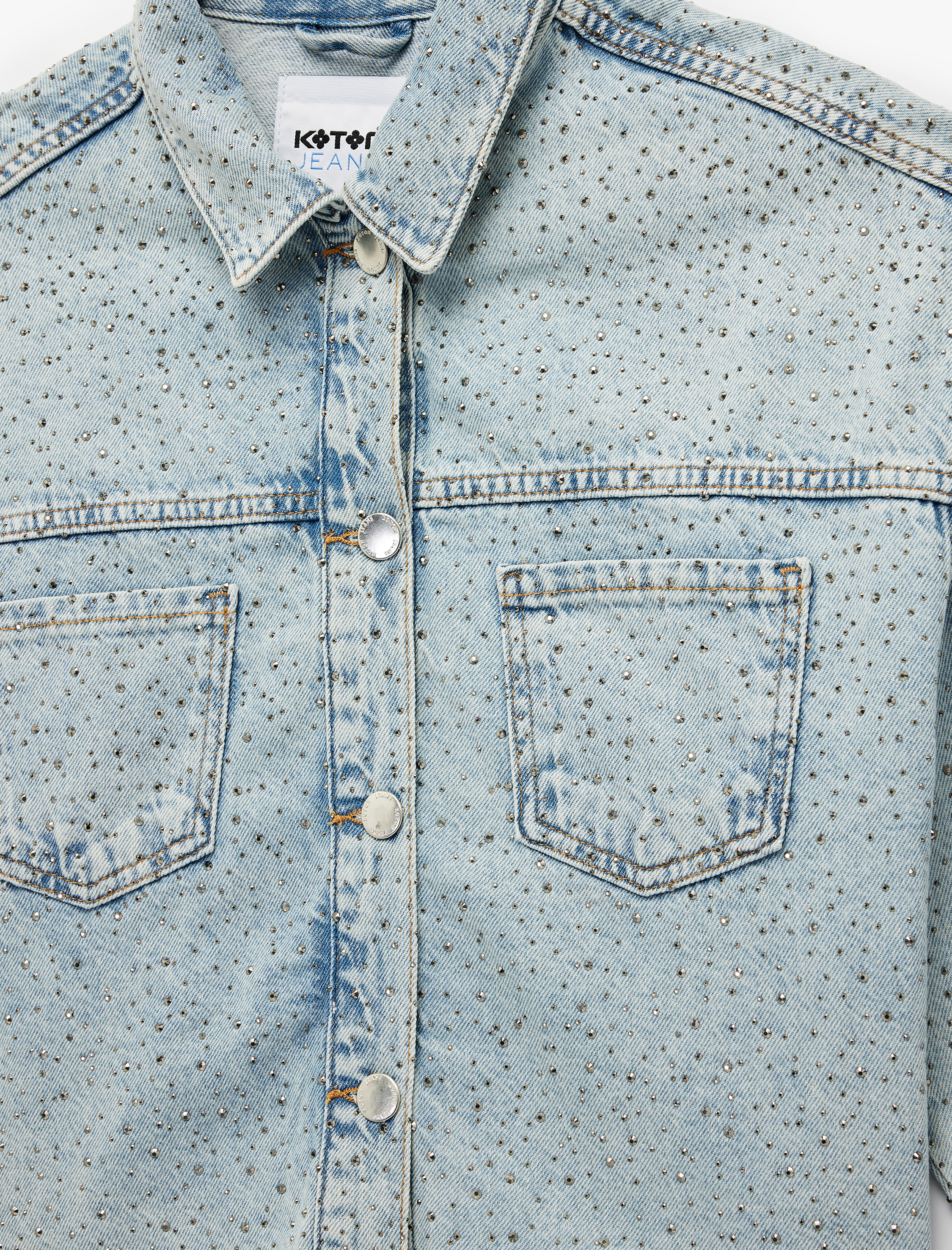   Cep Detaylı Düğmeli Klasik Yaka Taşlı Denim Ceket