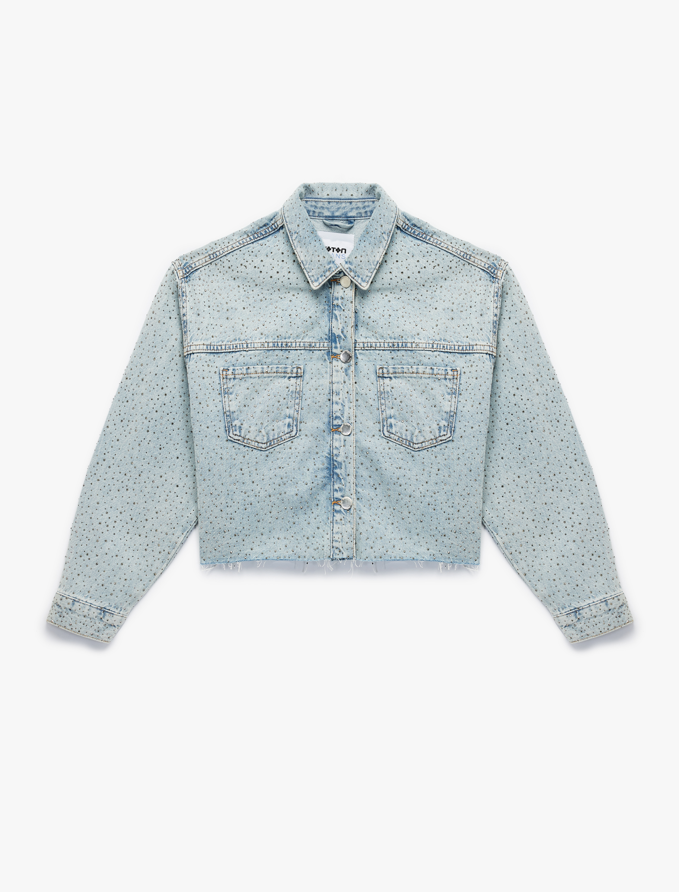   Cep Detaylı Düğmeli Klasik Yaka Taşlı Denim Ceket