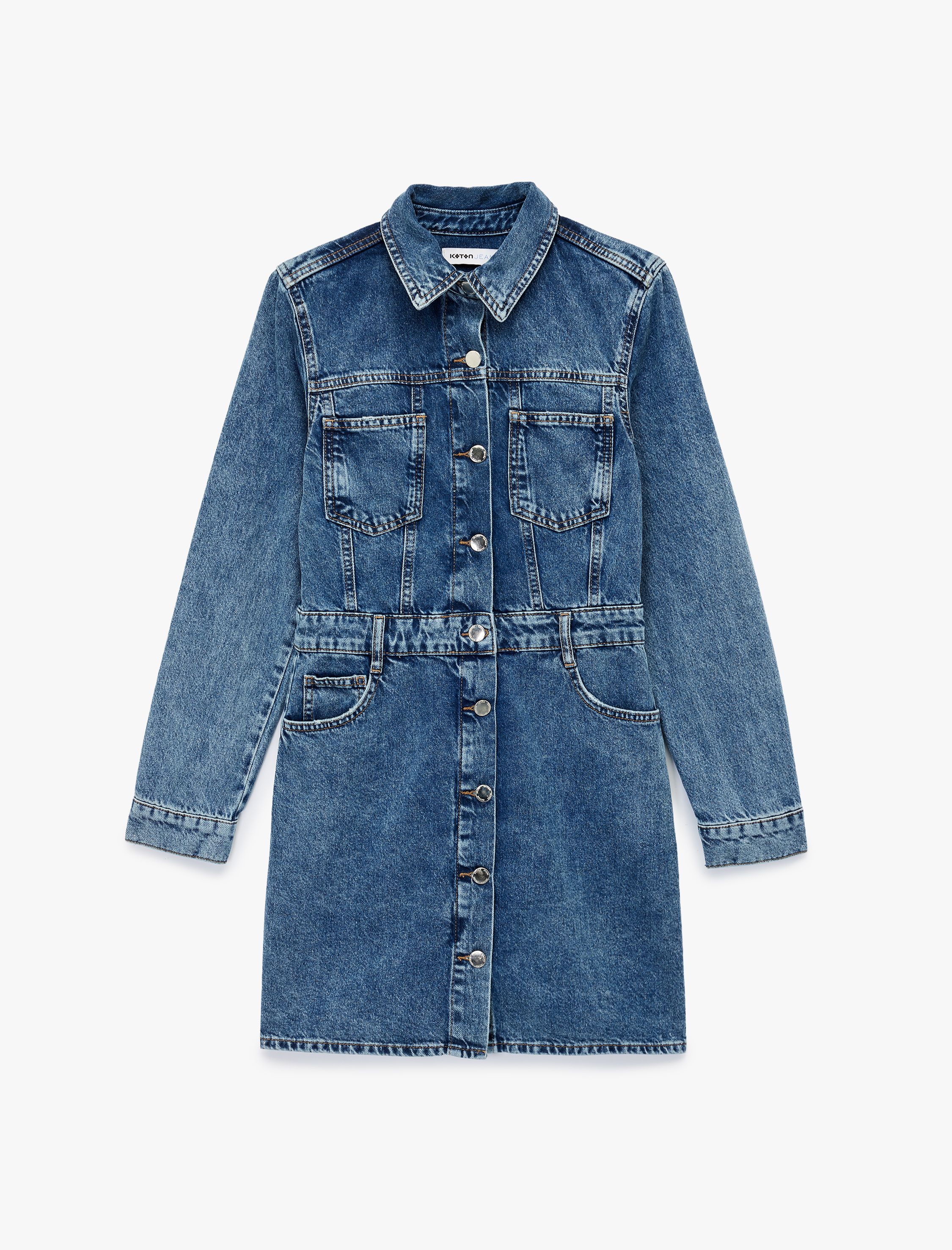 Uzun Kollu Klasik Yaka Düğmeli Cep Detaylı A Kesim Mini Denim Elbise