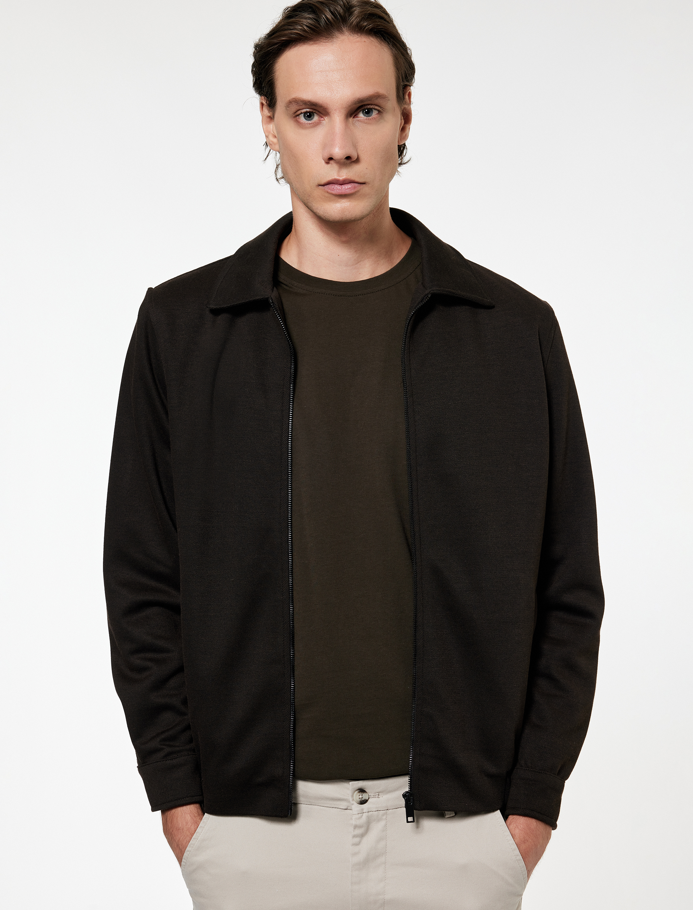   Viskon Karışımlı Cep Detaylı Fermuarlı Gömlek Yaka Mevsimlik Ceket