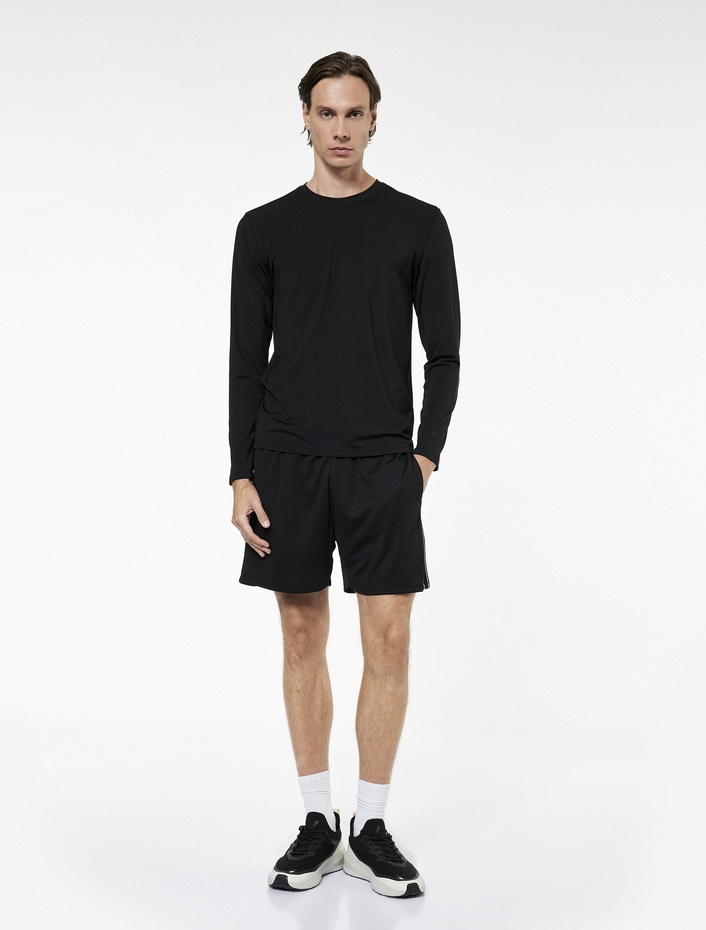  Rahat Kalıp Dikiş Detaylı Bisiklet Yaka Uzun Kollu Basic Spor Tişört