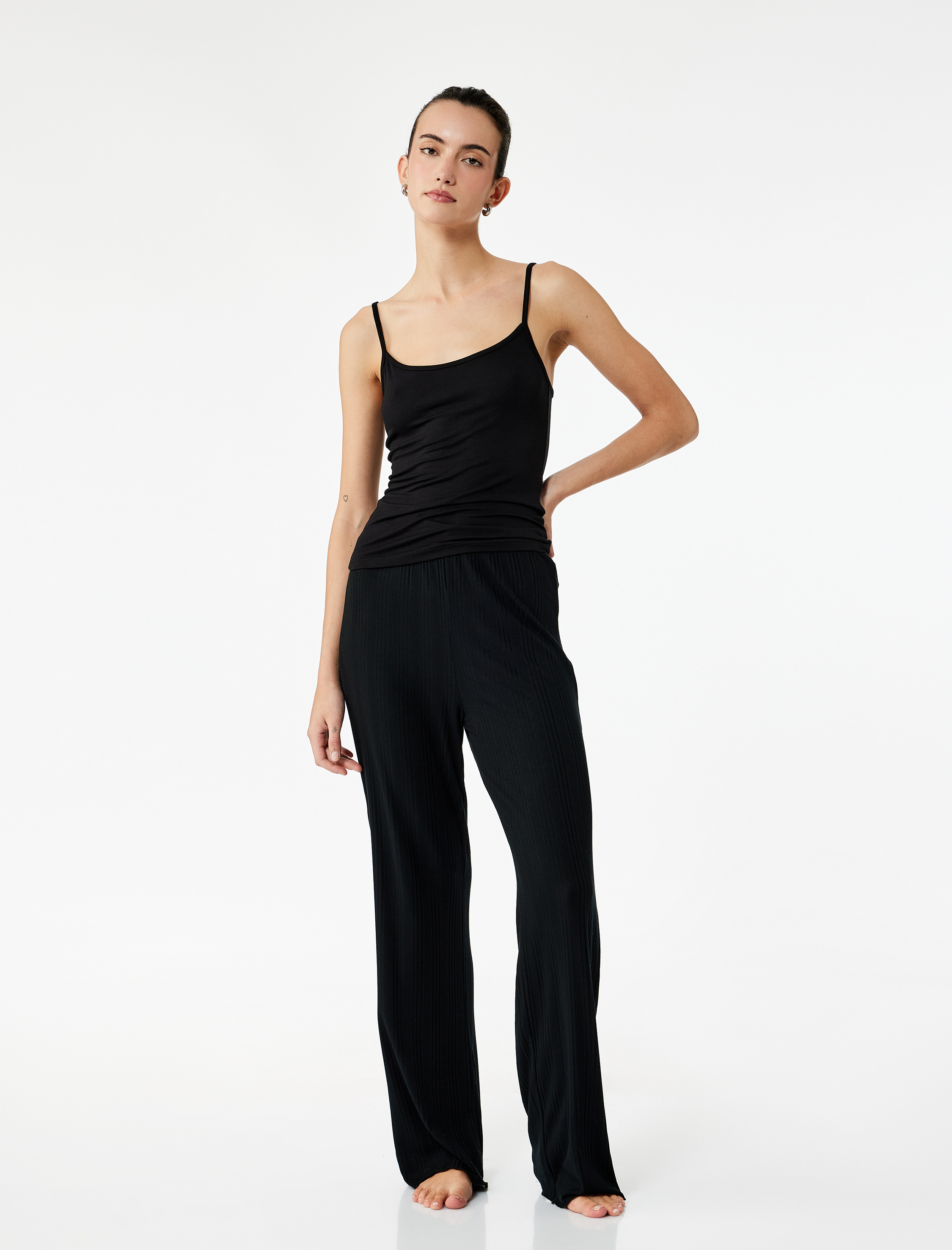   Modal Kumaş Dokulu Düz Bol Paça Pijama Altı