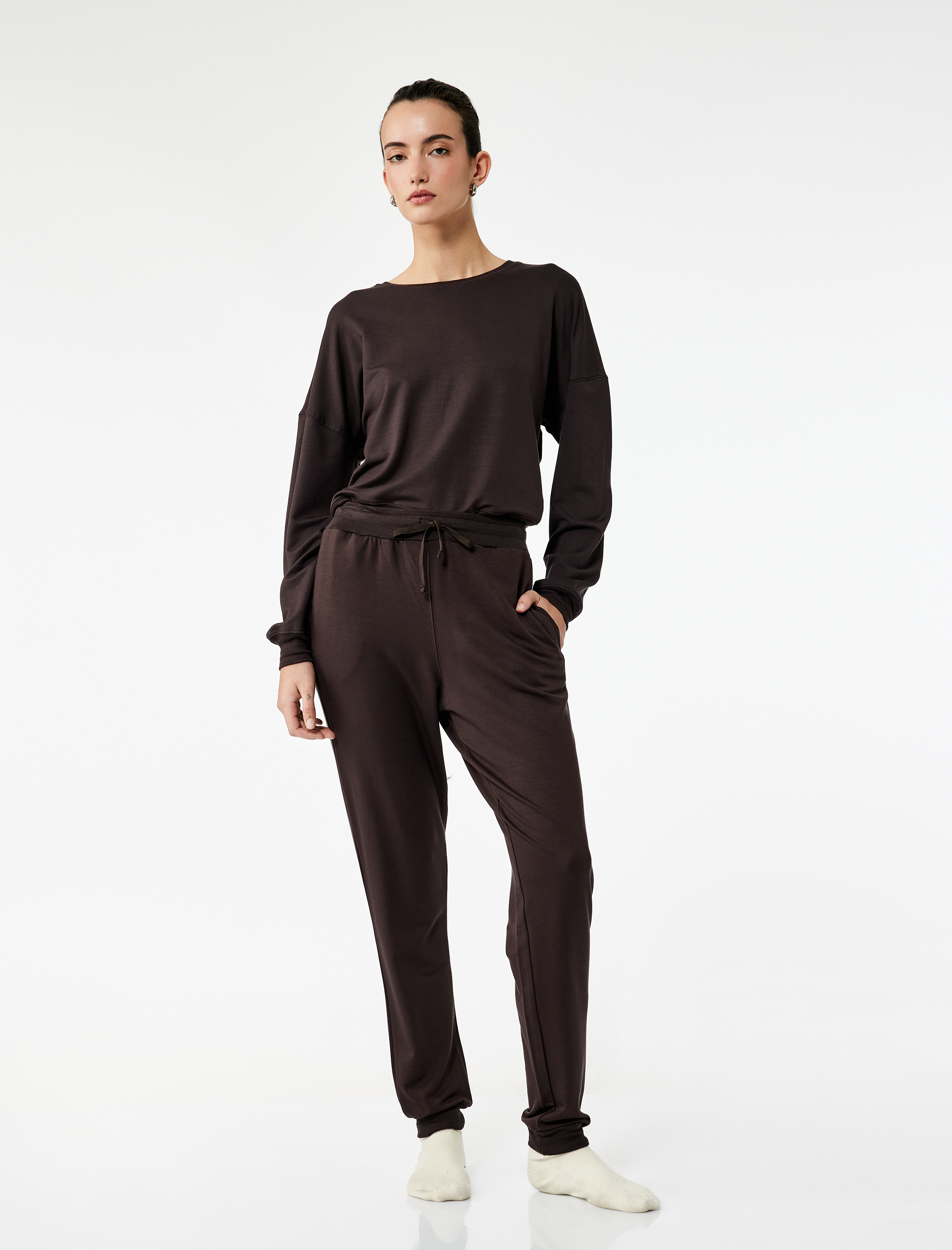 Rahat Kalıp Modal Kumaş Uzun Kollu Bisiklet Yaka Pijama Üstü