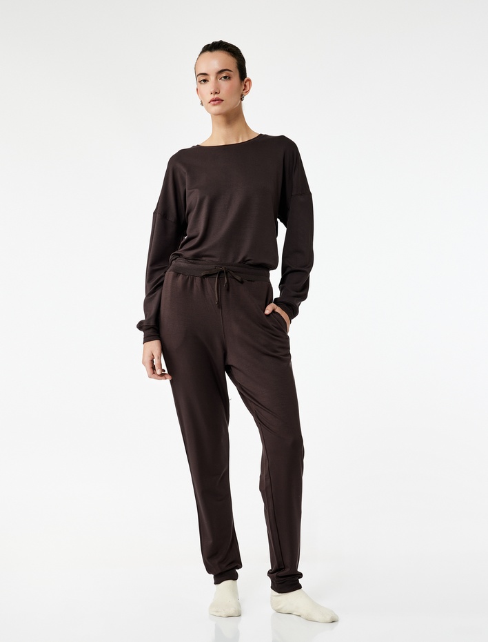  Rahat Kalıp Modal Kumaş Uzun Kollu Bisiklet Yaka Pijama Üstü