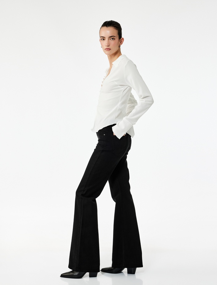  Yüksek Bel Dar Kalıp Pamuklu İspanyol Paça Jean Pantolon - Flare Jeans