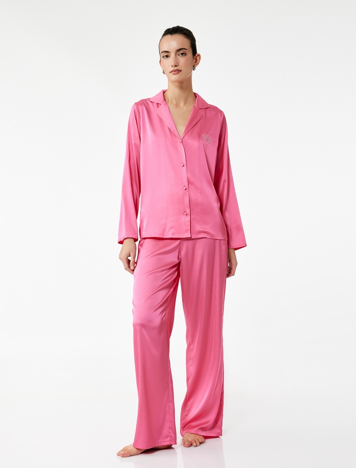  Uzun Kollu Kalpli Gömlek Yaka Saten Pijama Üstü