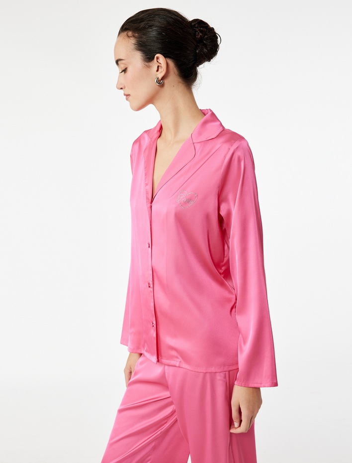  Uzun Kollu Kalpli Gömlek Yaka Saten Pijama Üstü