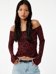 Slim Fit Asimetrik Uzun İspanyol Kollu Dantelli Omzu Açık Tül Tişört