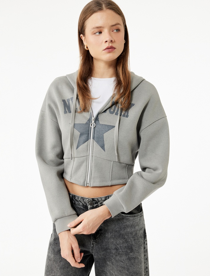  Uzun Kollu Kapüşonlu Şardonlu Yıldız Baskılı Fermuarlı Crop Sweatshirt