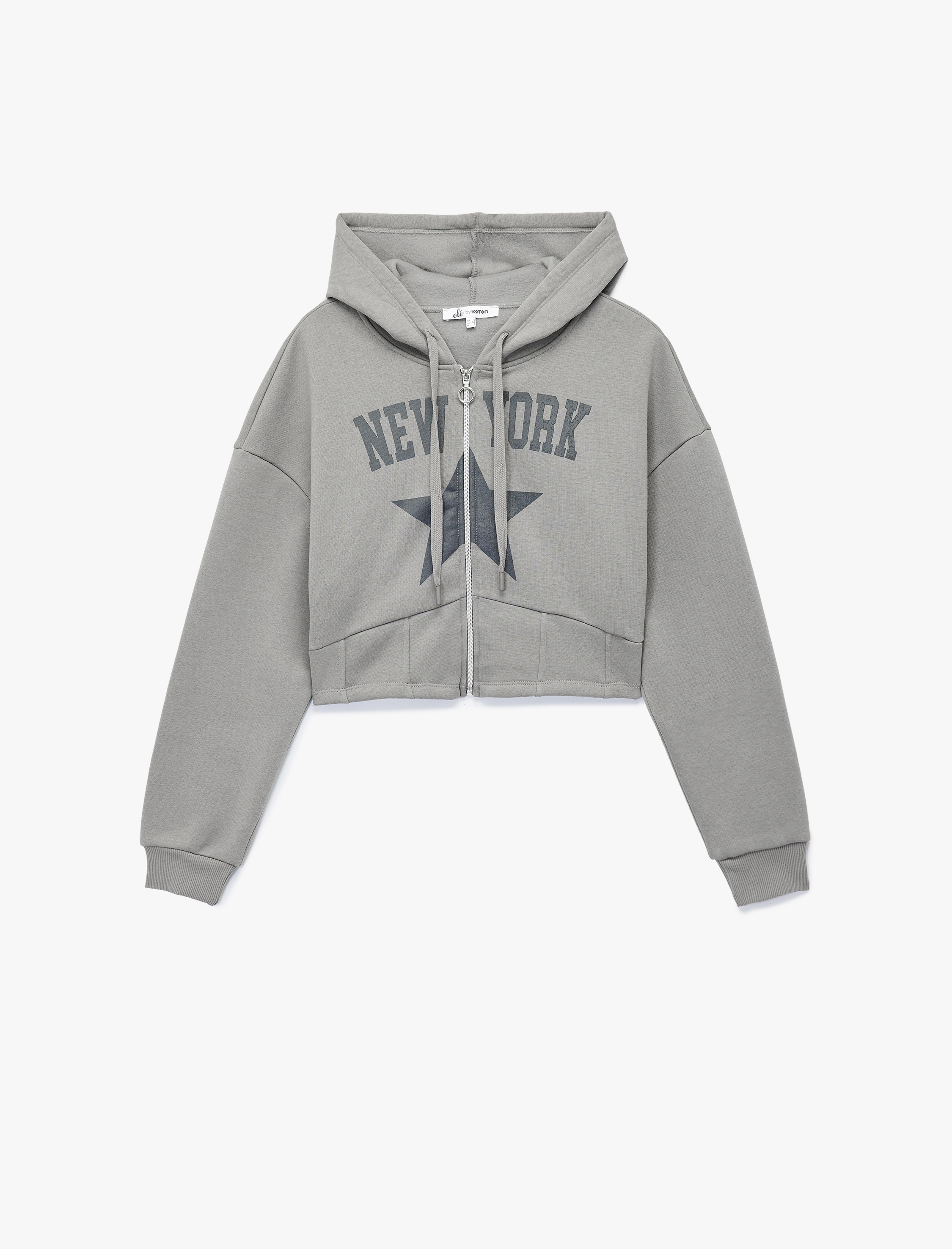   Uzun Kollu Kapüşonlu Şardonlu Yıldız Baskılı Fermuarlı Crop Sweatshirt