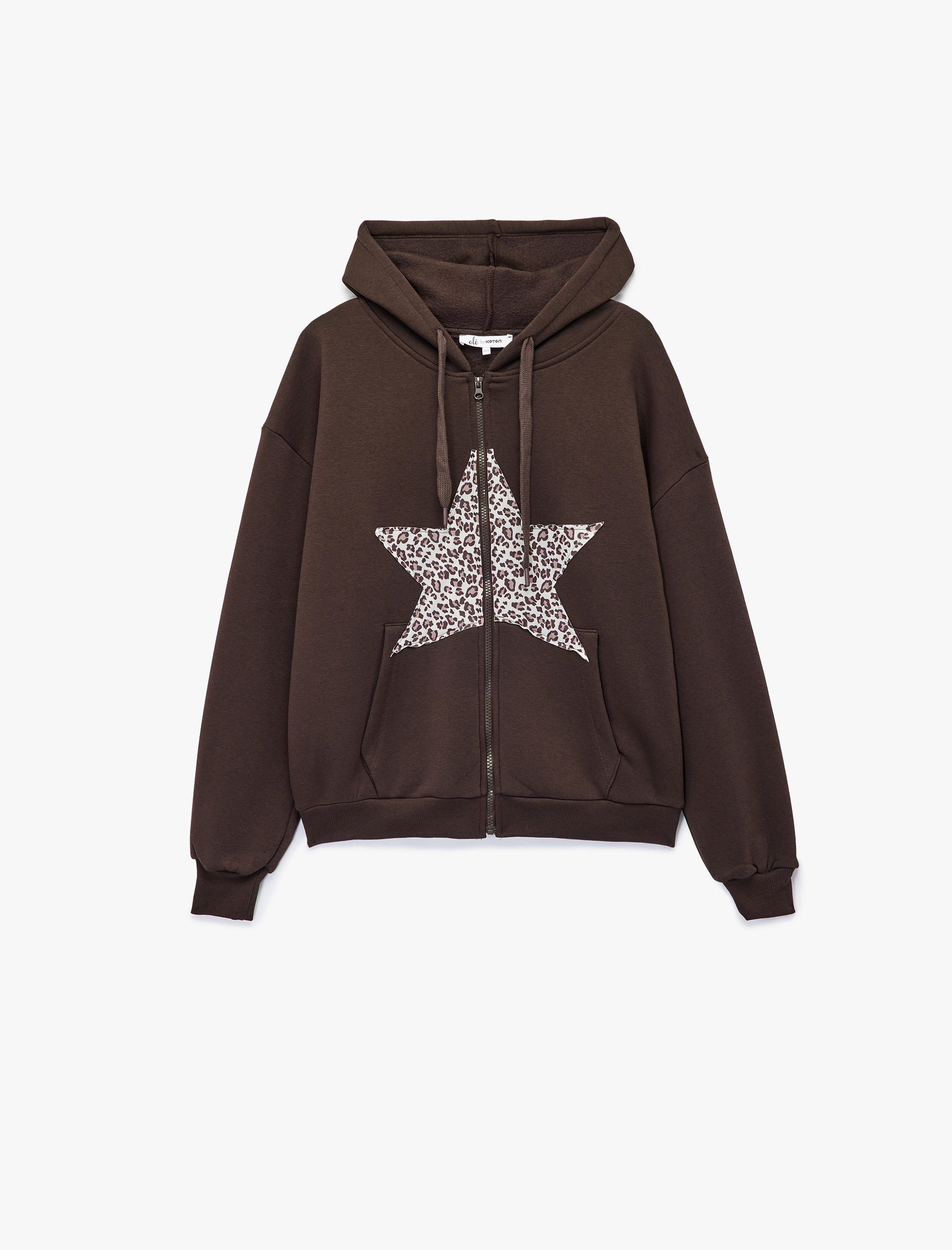 Şardonlu Fermuarlı Kapüşonlu Kanguru Cepli Leopar Baskılı Oversize Sweatshirt