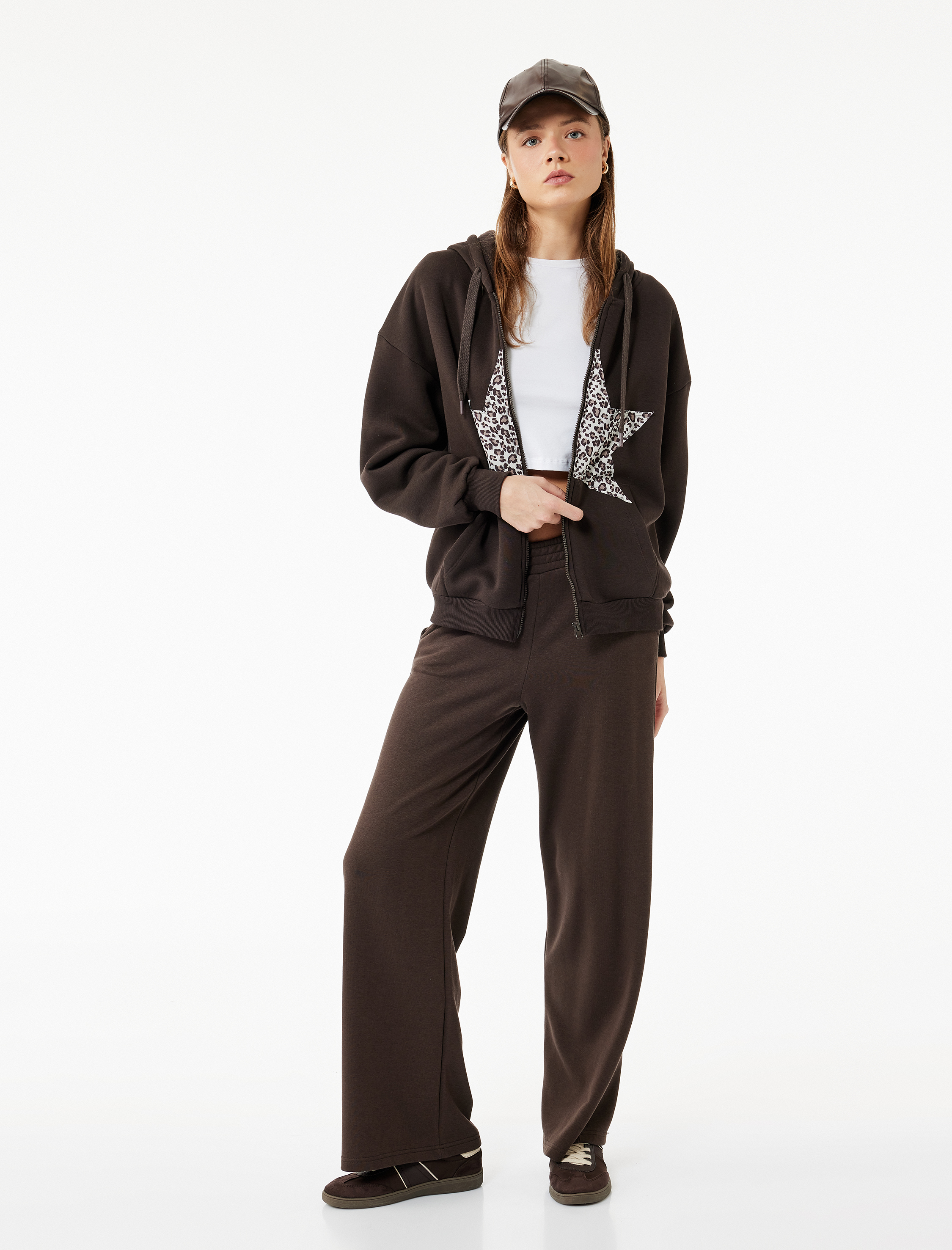 Şardonlu Fermuarlı Kapüşonlu Kanguru Cepli Leopar Baskılı Oversize Sweatshirt