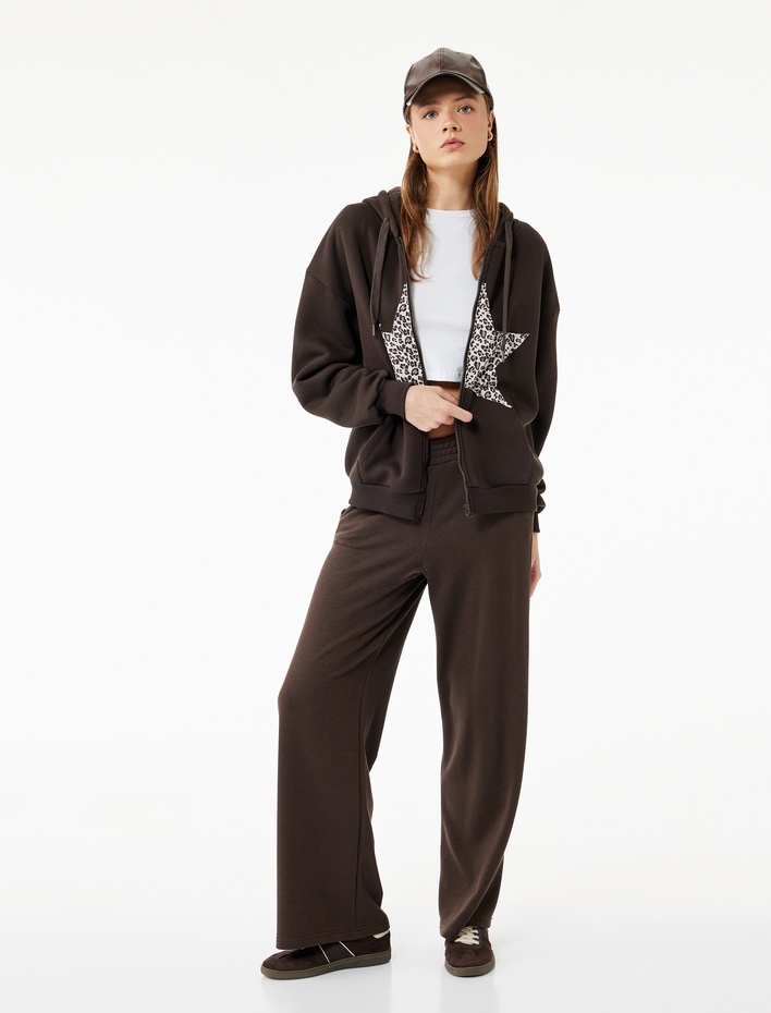  Şardonlu Fermuarlı Kapüşonlu Kanguru Cepli Leopar Baskılı Oversize Sweatshirt