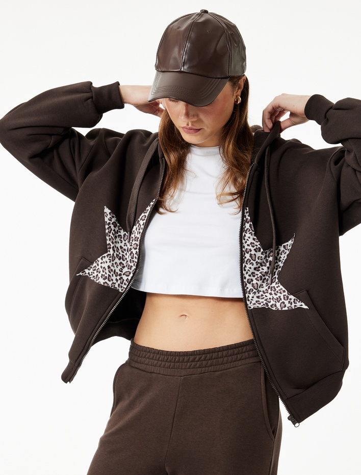  Şardonlu Fermuarlı Kapüşonlu Kanguru Cepli Leopar Baskılı Oversize Sweatshirt