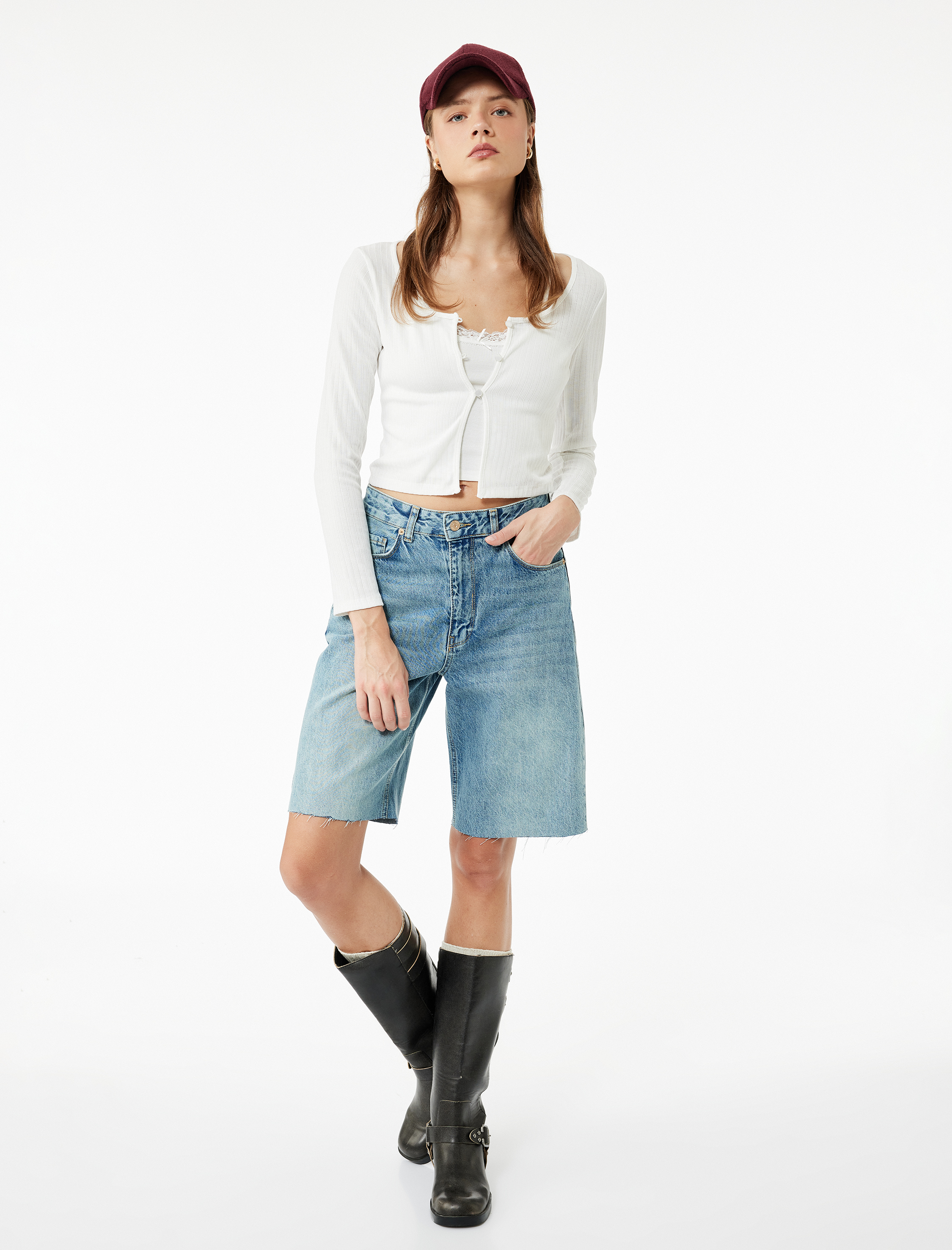   Slim Fit Bisiklet Yaka Atlet Detaylı Dantelli Fitilli Uzun Kollu Tişört