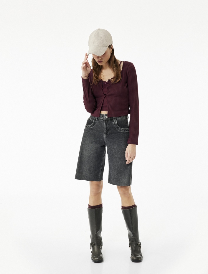  Slim Fit Bisiklet Yaka Atlet Detaylı Dantelli Fitilli Uzun Kollu Tişört