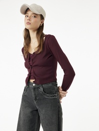 Slim Fit Bisiklet Yaka Atlet Detaylı Dantelli Fitilli Uzun Kollu Tişört