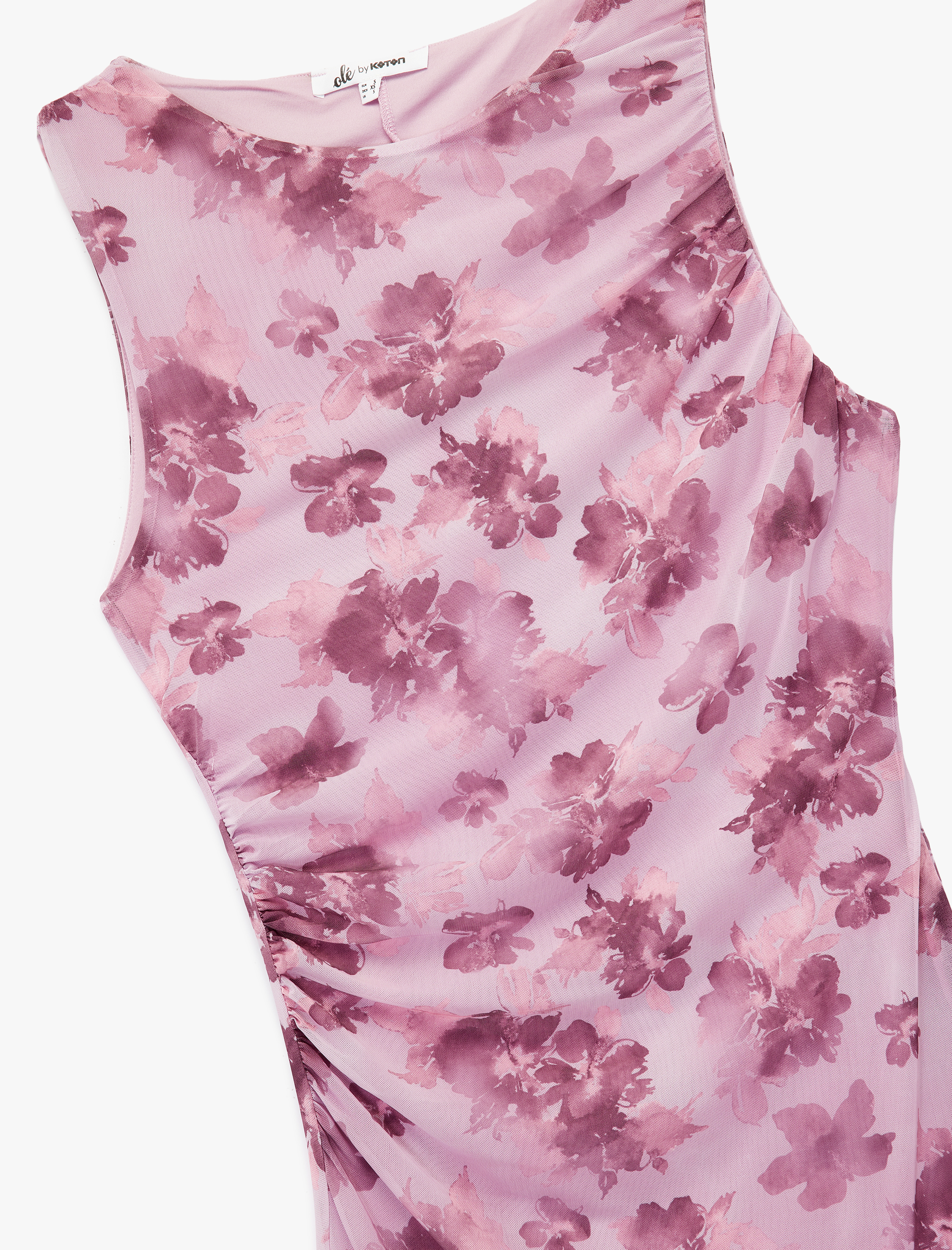   Bisiklet Yaka Kolsuz Drapeli Çiçekli Tül Uzun Elbise