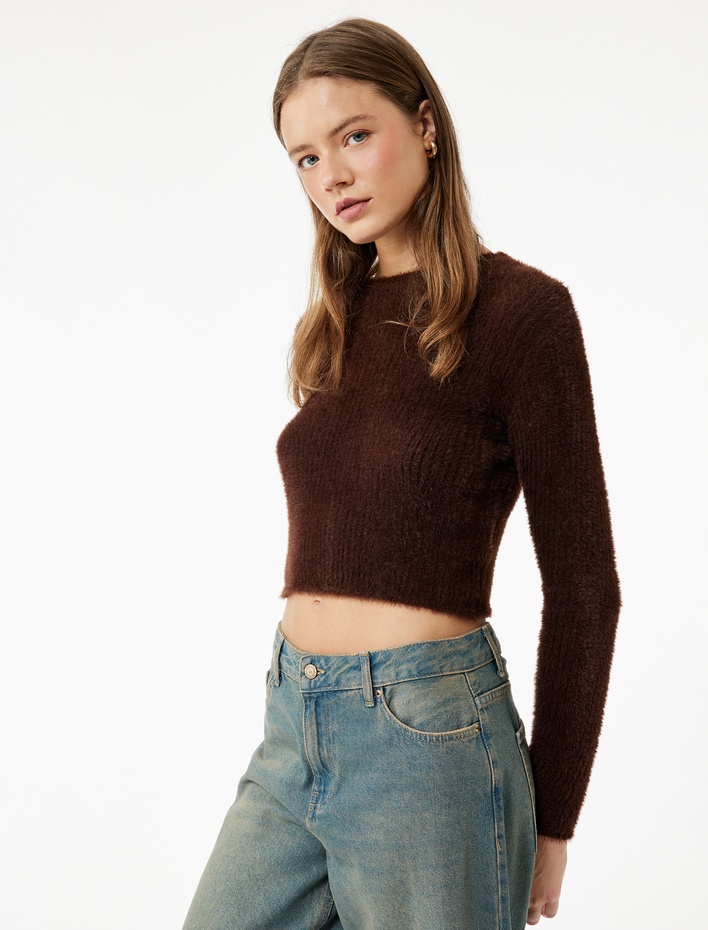  Uzun Kollu Bisiklet Yaka Crop Triko Kazak