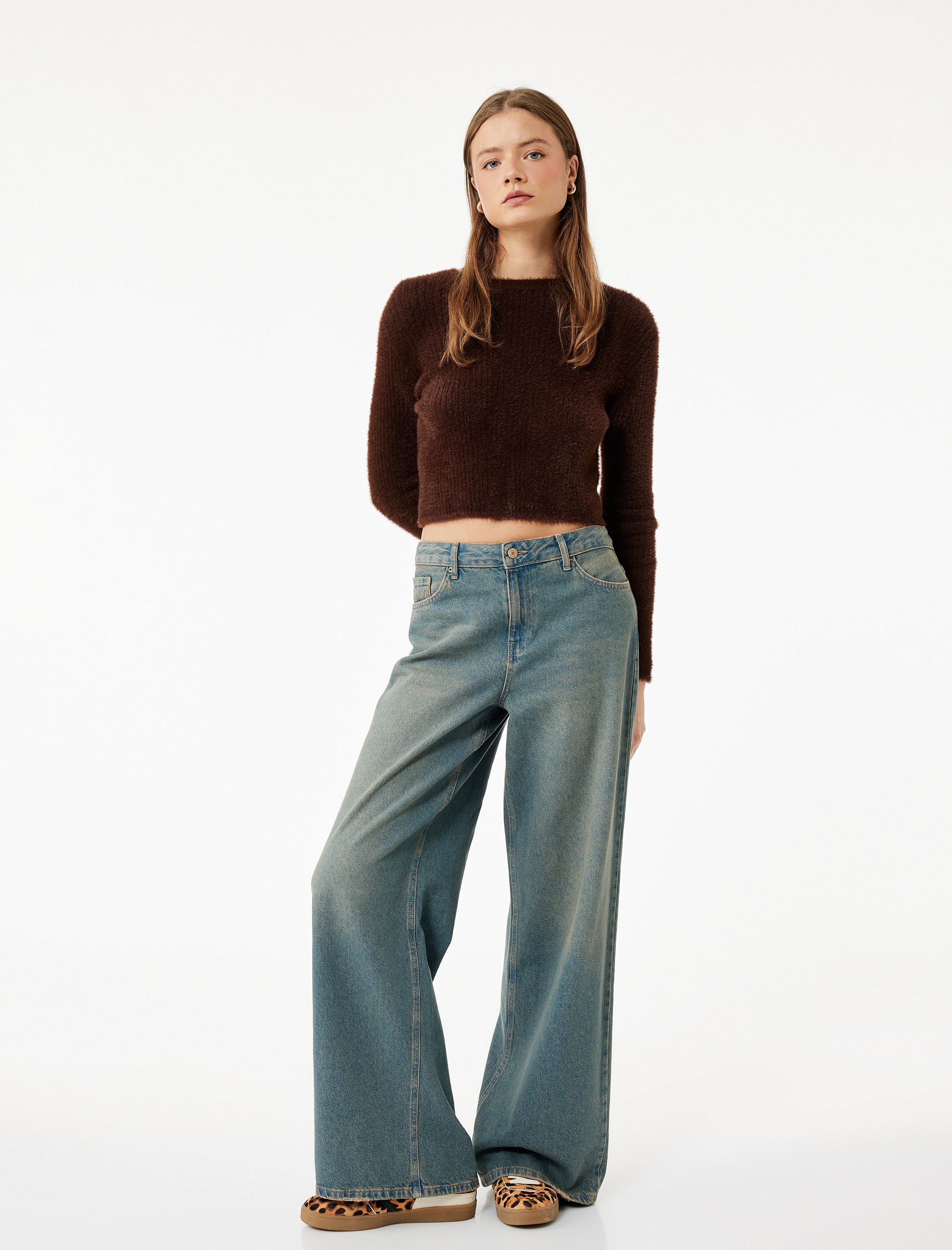   Uzun Kollu Bisiklet Yaka Crop Triko Kazak