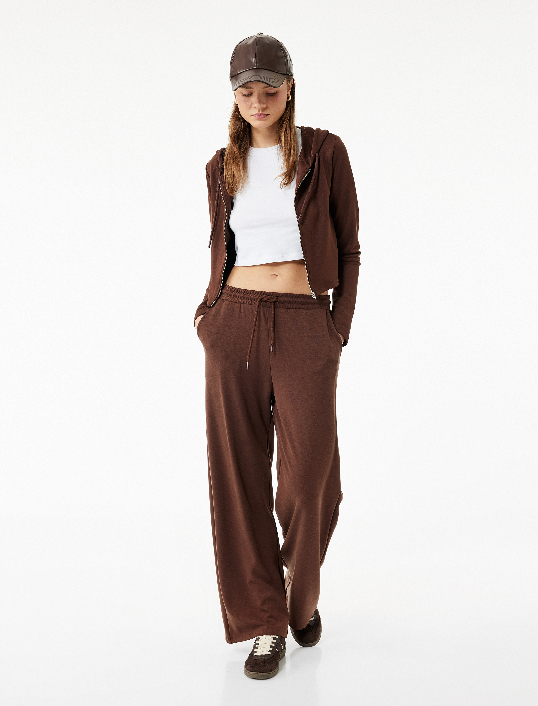   Kapüşonlu Fermuarlı Uzun Kollu Modal Karışımlı Crop Sweatshirt