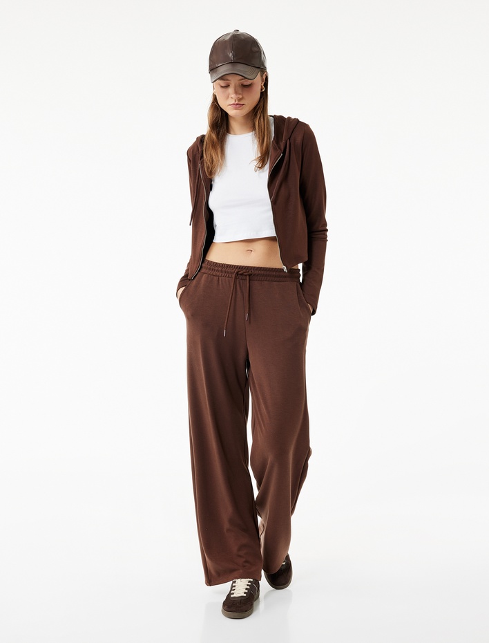  Kapüşonlu Fermuarlı Uzun Kollu Modal Karışımlı Crop Sweatshirt