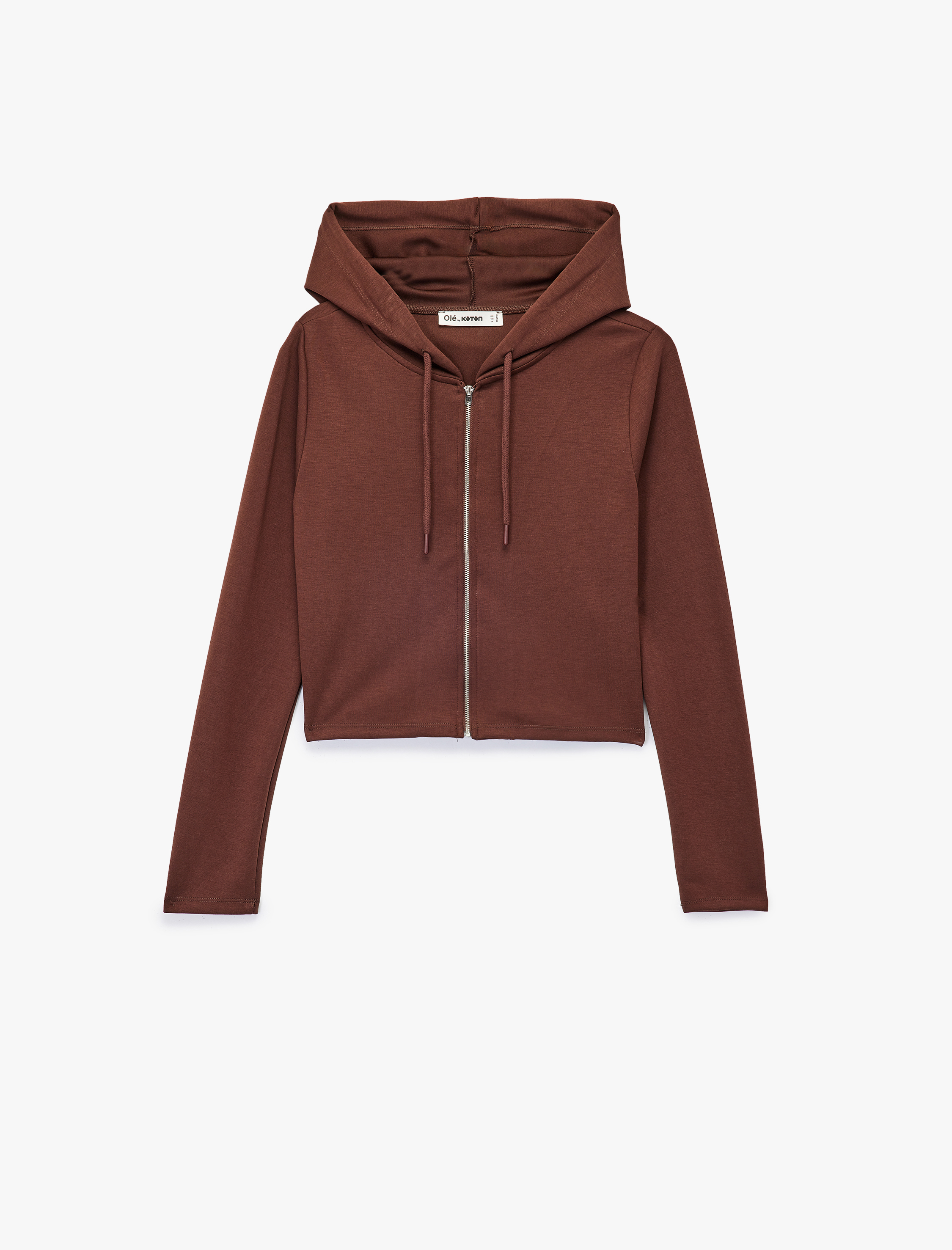   Kapüşonlu Fermuarlı Uzun Kollu Modal Karışımlı Crop Sweatshirt