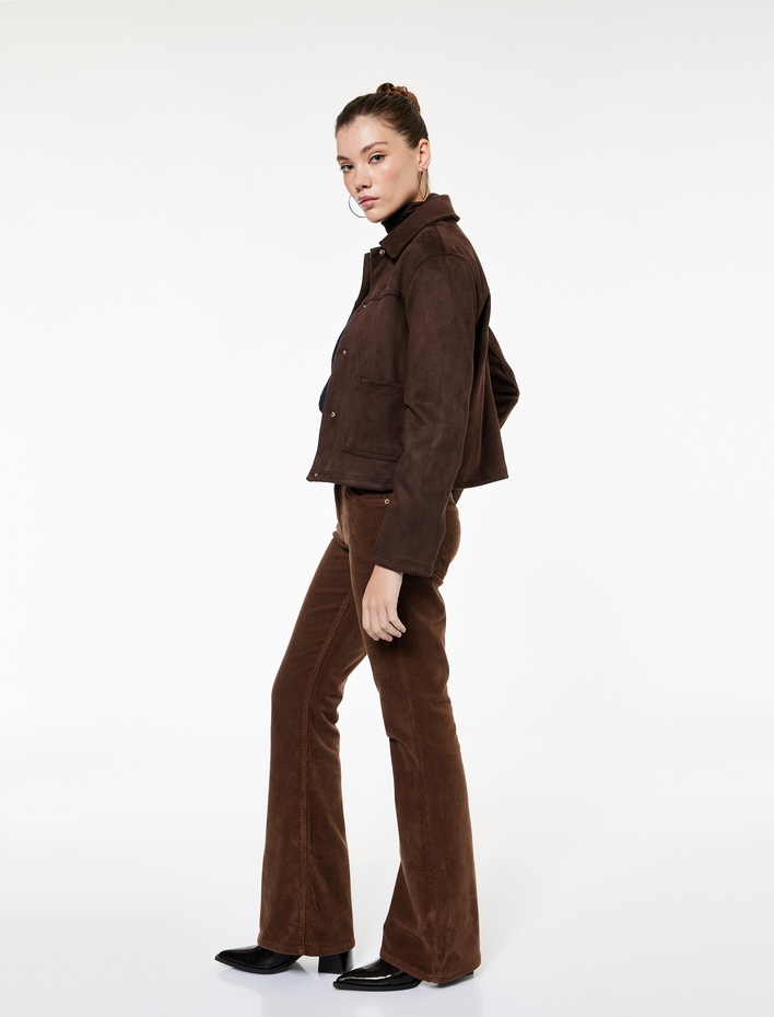  Dar Kesim Düğmeli Cepli İspanyol Paça Kadife Pantolon - Flare Jeans