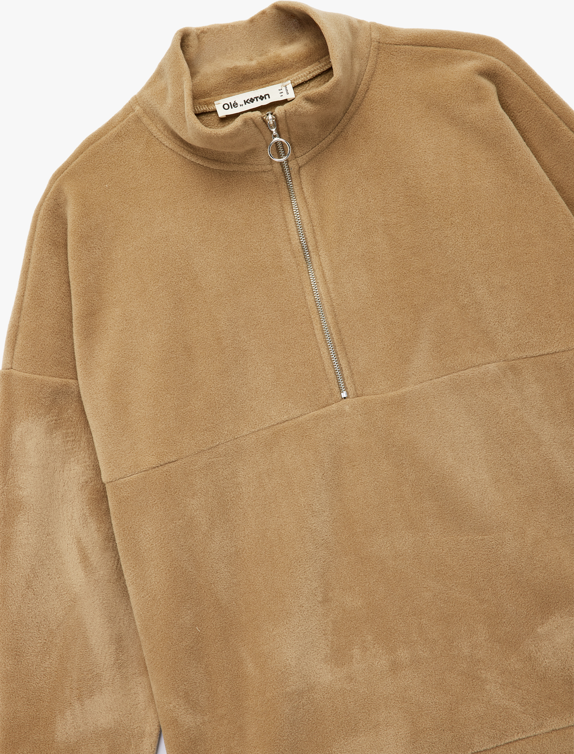   Oversize Uzun Kollu Yarım Fermuarlı Şardonlu Polar Sweatshirt