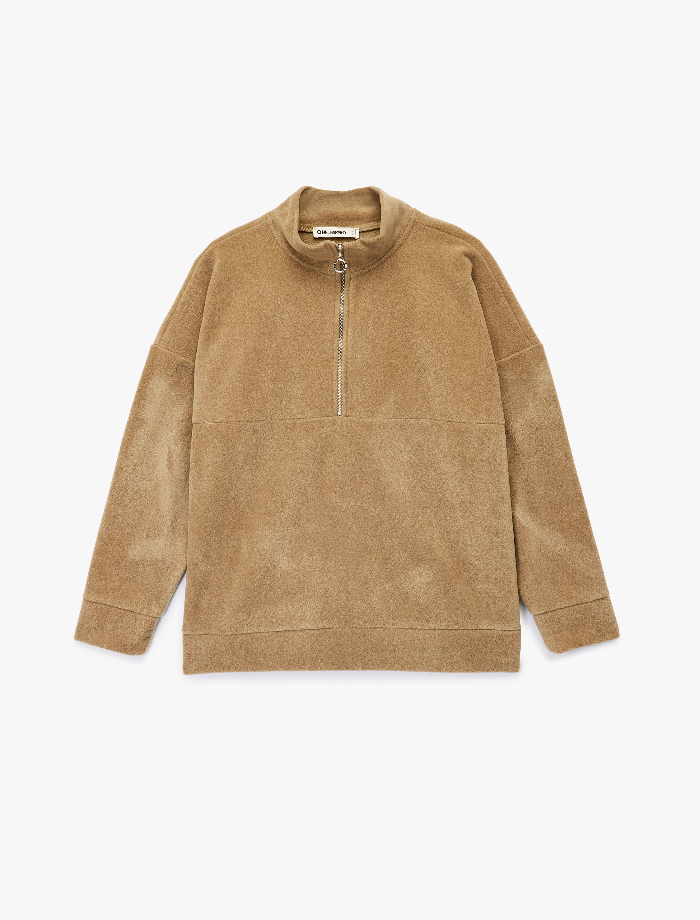   Oversize Uzun Kollu Yarım Fermuarlı Şardonlu Polar Sweatshirt