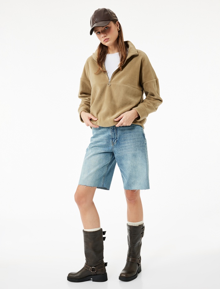  Oversize Uzun Kollu Yarım Fermuarlı Şardonlu Polar Sweatshirt