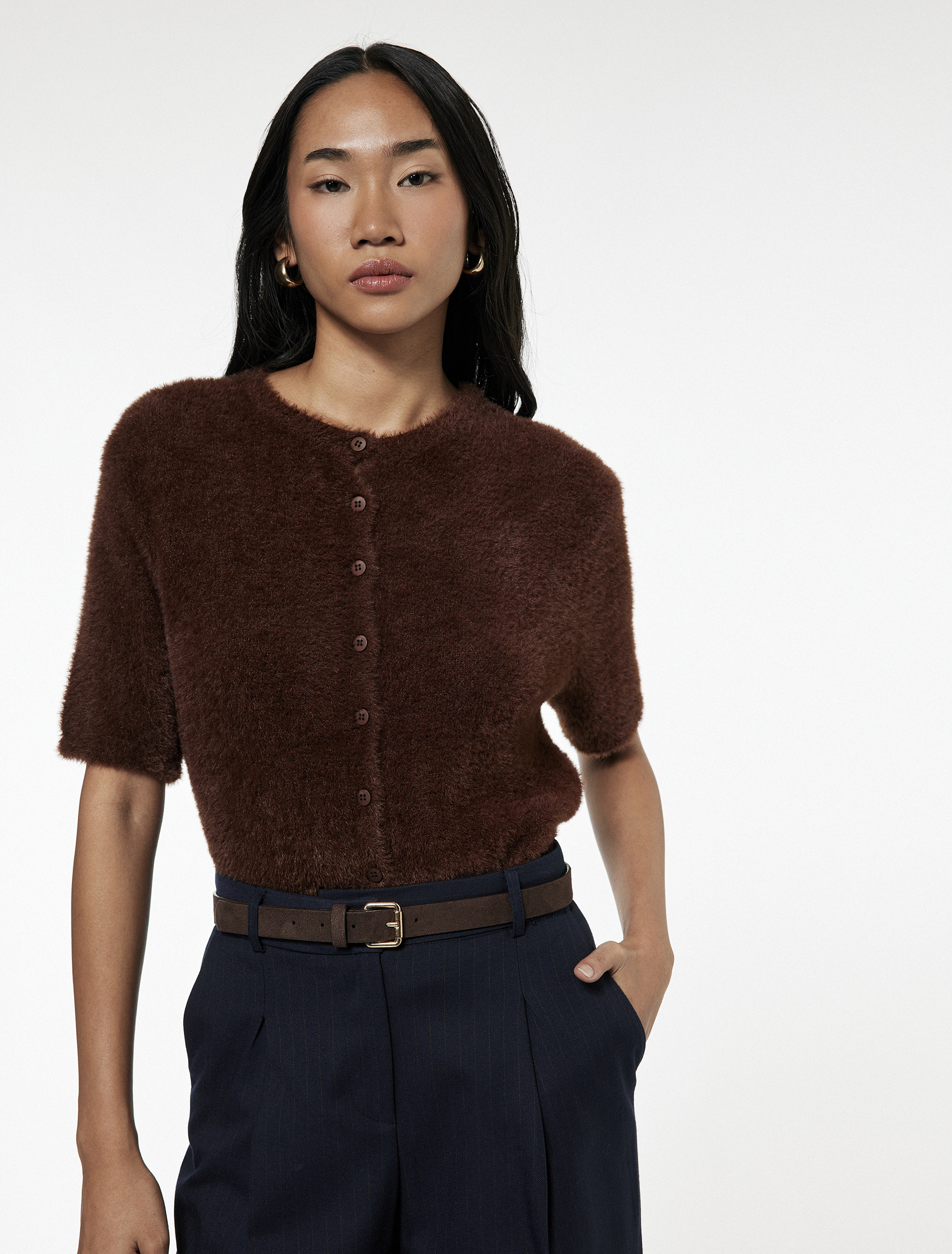   Kısa Kollu Bisiklet Yaka Peluş Triko Hırka