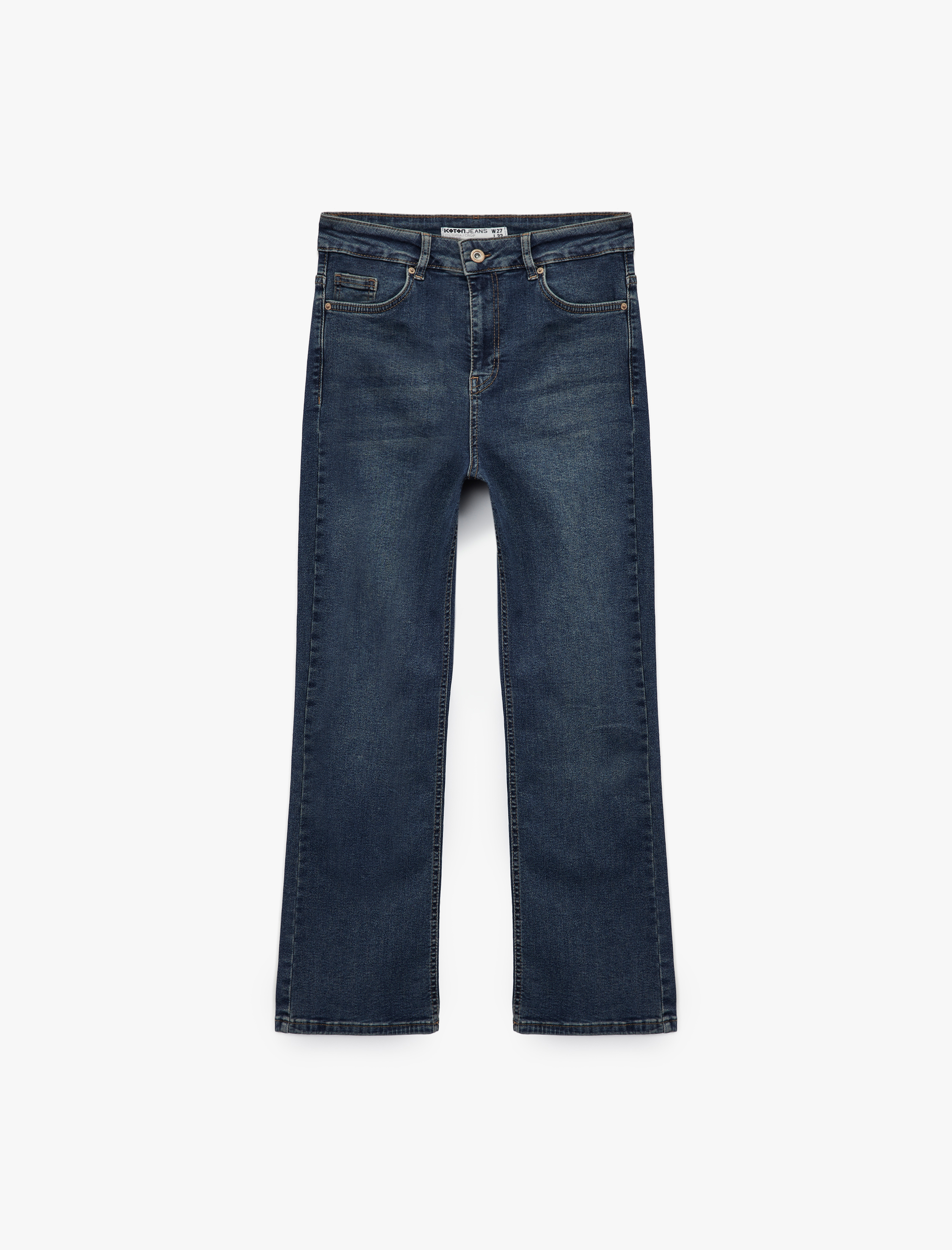   Düğmeli Cepli Dar Kalıp Pamuklu İspanyol Paça Crop Jean Pantolon -  Kick Flare Jeans