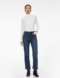 Düğmeli Cepli Dar Kalıp Pamuklu İspanyol Paça Crop Jean Pantolon -  Kick Flare Jeans