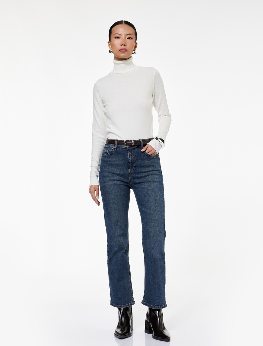   Düğmeli Cepli Dar Kalıp Pamuklu İspanyol Paça Crop Jean Pantolon -  Kick Flare Jeans