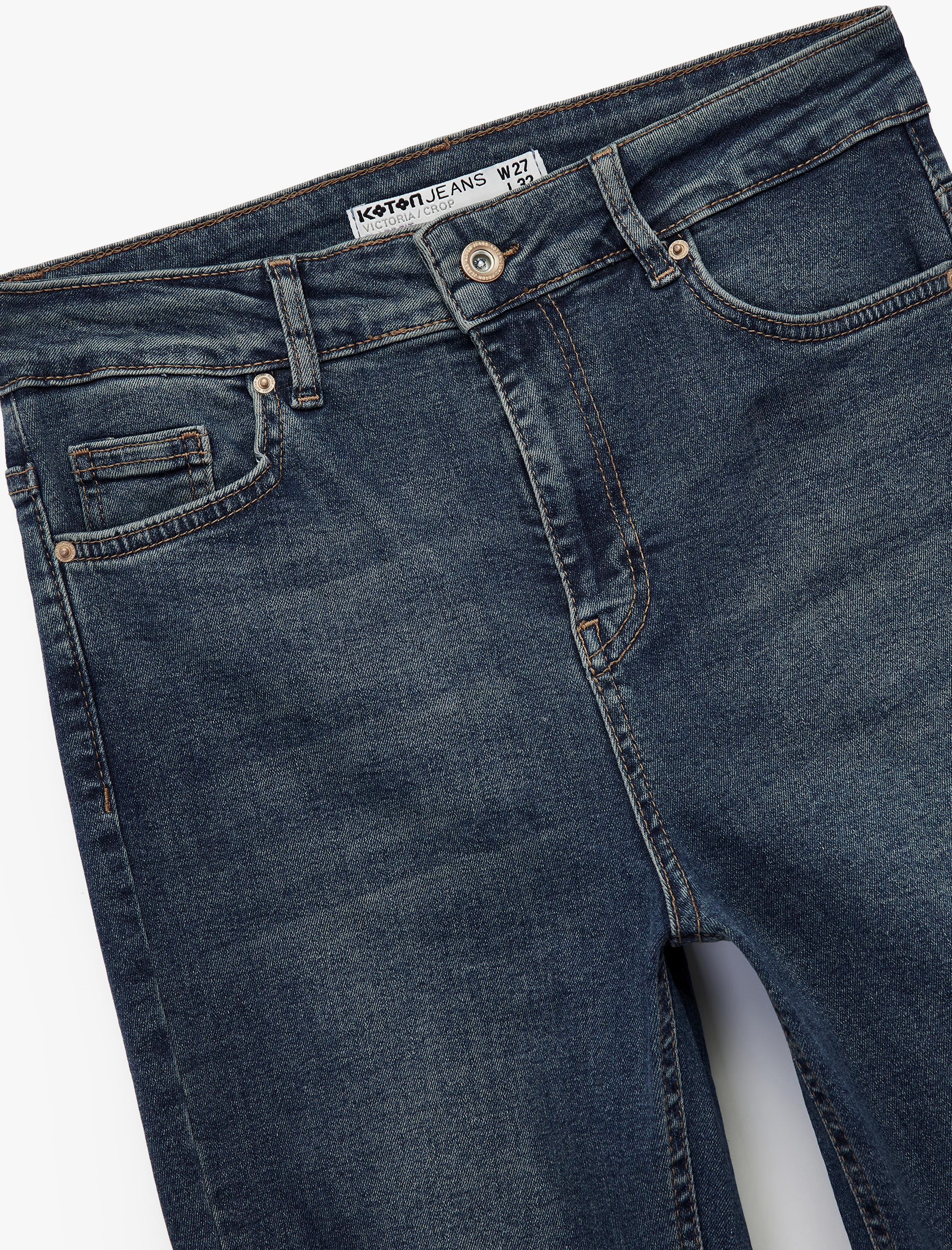   Düğmeli Cepli Dar Kalıp Pamuklu İspanyol Paça Crop Jean Pantolon -  Kick Flare Jeans