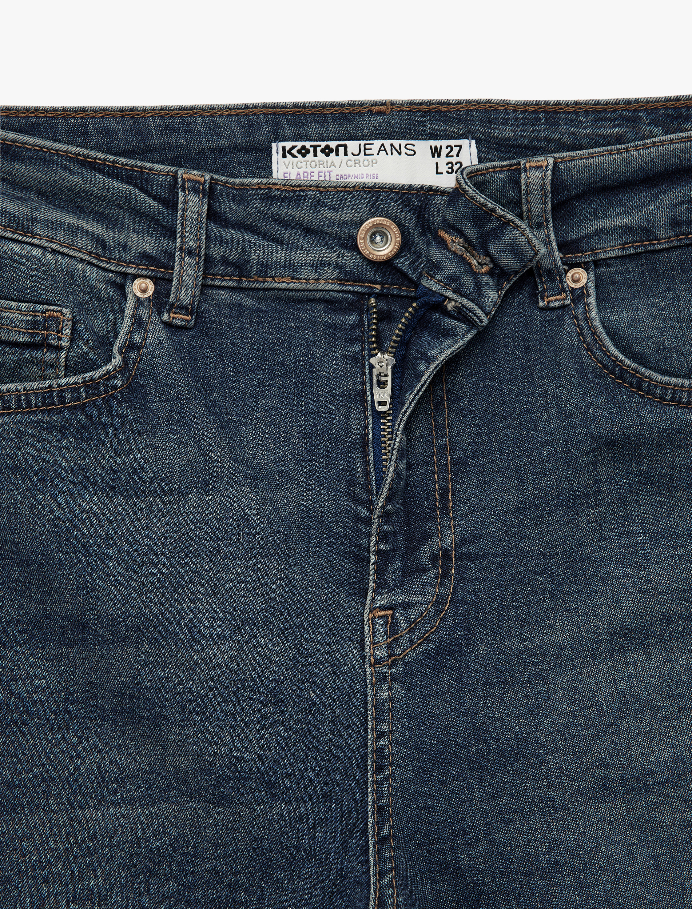   Düğmeli Cepli Dar Kalıp Pamuklu İspanyol Paça Crop Jean Pantolon -  Kick Flare Jeans