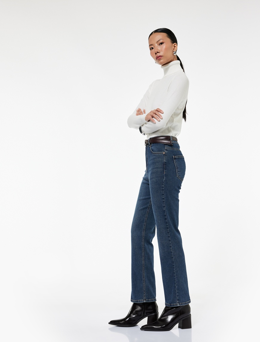   Düğmeli Cepli Dar Kalıp Pamuklu İspanyol Paça Crop Jean Pantolon -  Kick Flare Jeans