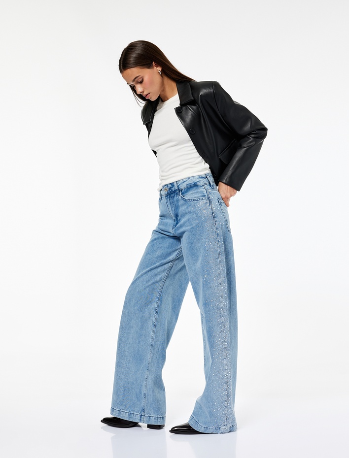  Düğmeli Cepli Geniş Paça Pamuklu Taşlı Jean Pantolon - Wide Leg Jeans
