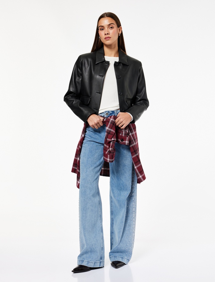  Düğmeli Cepli Geniş Paça Pamuklu Taşlı Jean Pantolon - Wide Leg Jeans